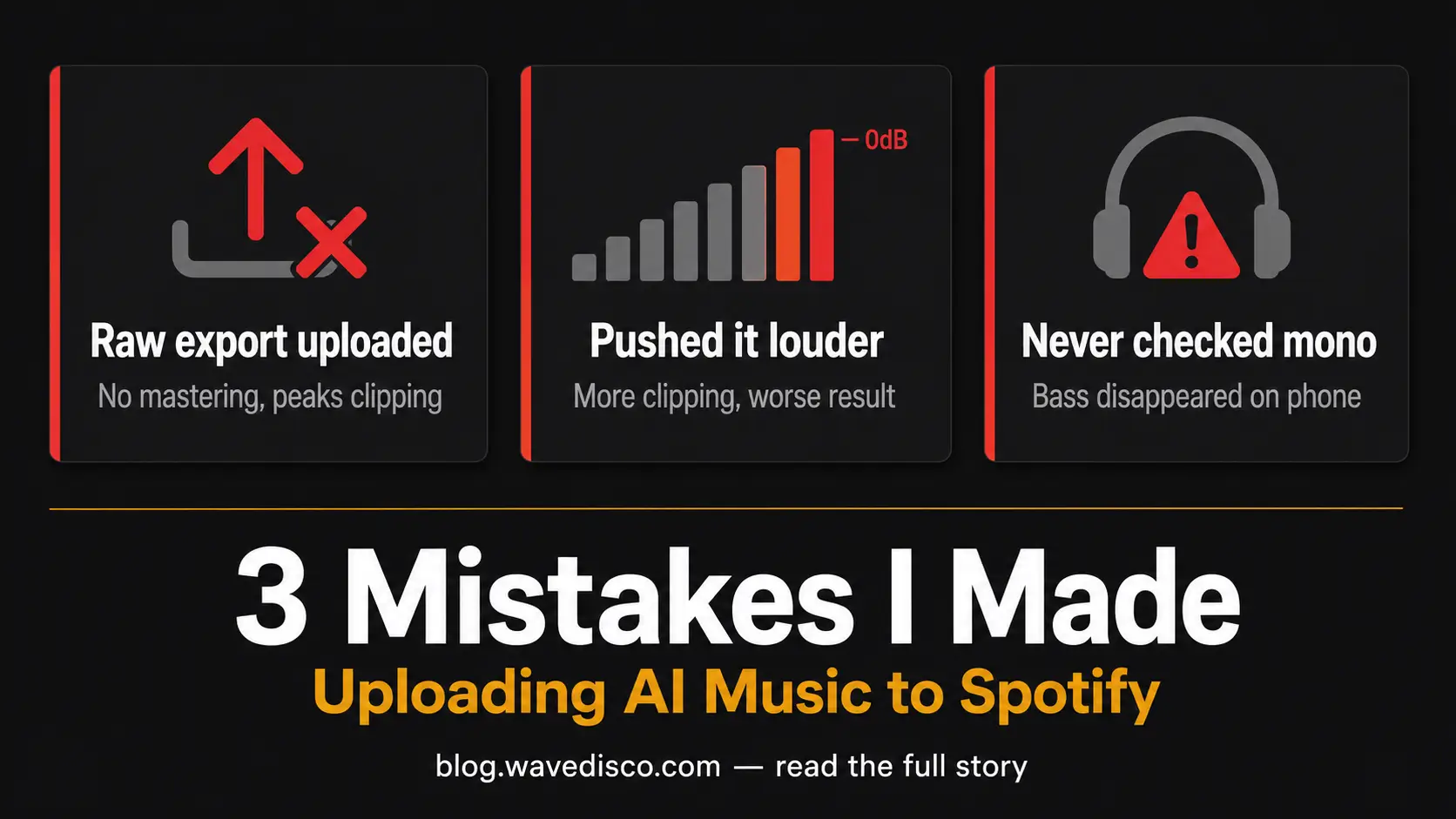 Mistakes uploading AI music to Spotify and how to fix them before distribution Three common mistakes when uploading AI music to Spotify — clipping, loudness and mono phase issues